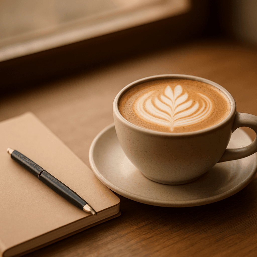 A latte in a ceramic cup on a wooden desk