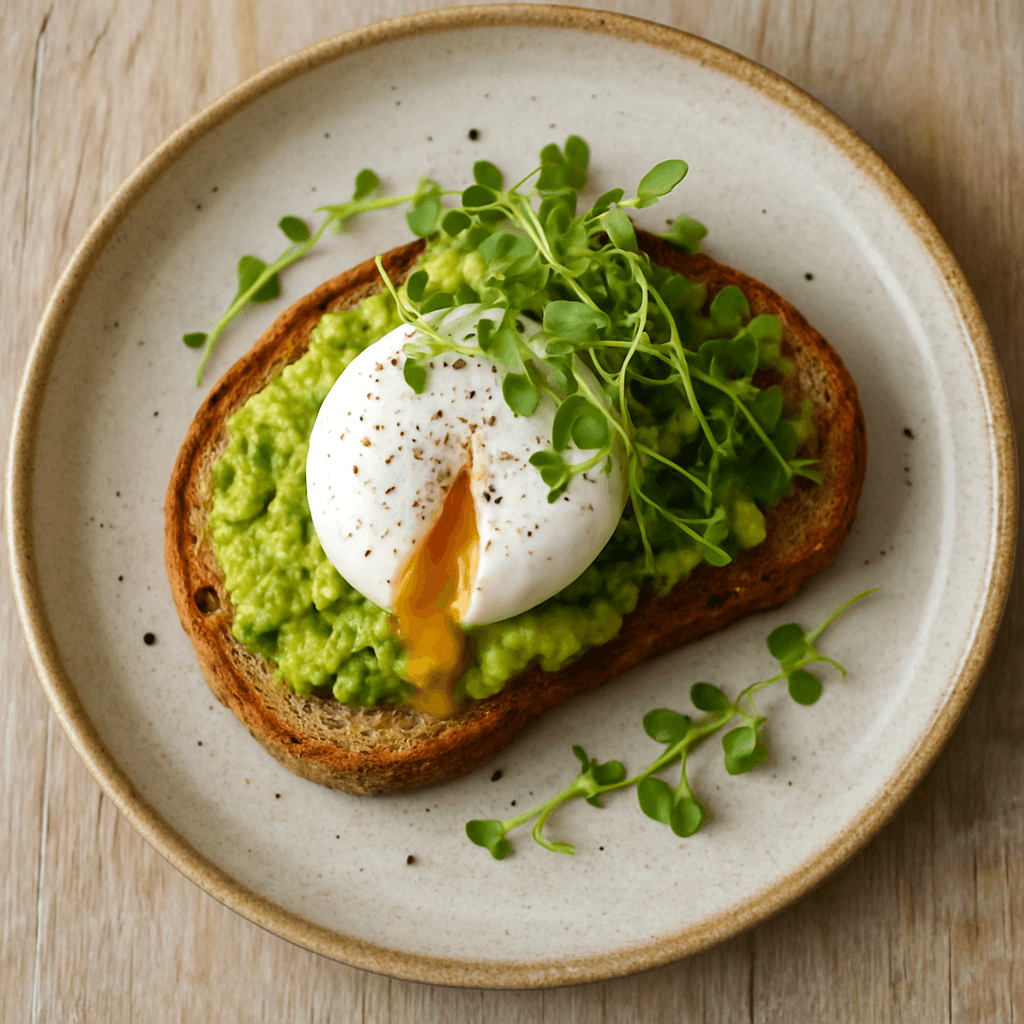 A plated brunch dish with poached egg and microgreens
