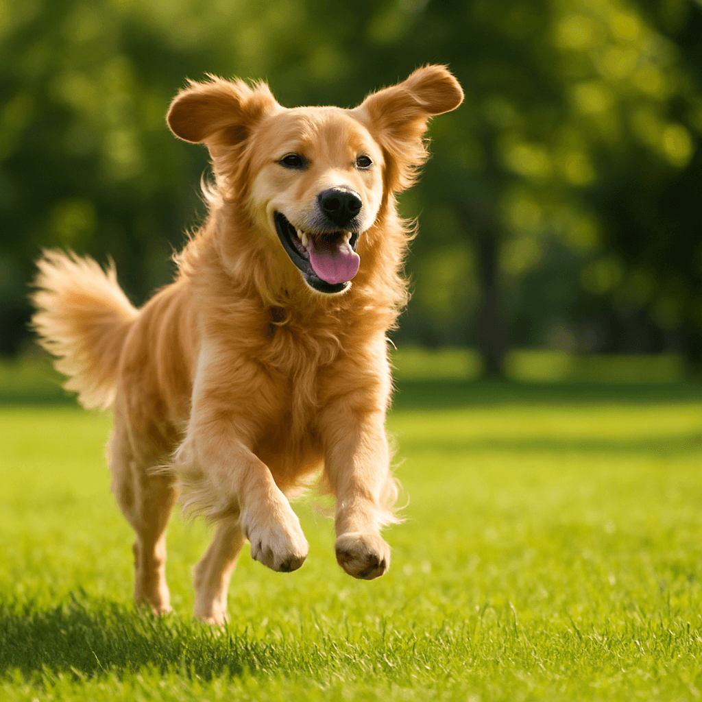 Golden retriever running across a sunny park
