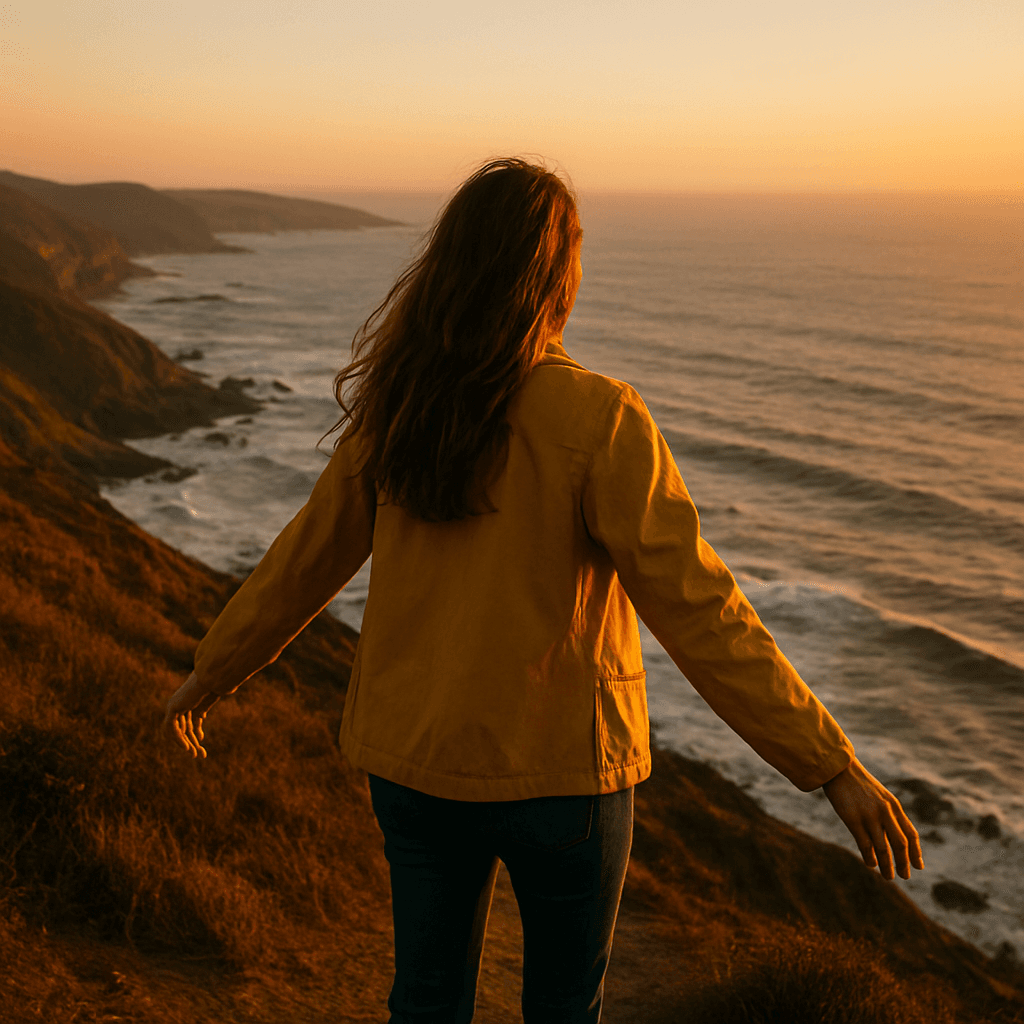 Woman in a yellow jacket on a coastal cliff at golden hour